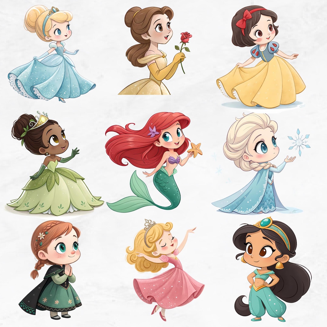 Cute Baby Princess Watercolor Clipart, Moana, Rapunzel, Tiana ...