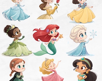 Cute Baby Princess Watercolor Clipart, Moana, Rapunzel, Tiana, Cinderella, Snow white, Belle Baby Shower Princess Cliparts, Princess Decor