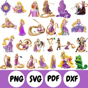 May include: A collection of digital illustrations featuring Rapunzel with long blonde hair in various poses, wearing a purple dress, accompanied by a chameleon and a horse. The image includes the text PNG, SVG, PDF, and DXF in white circles.