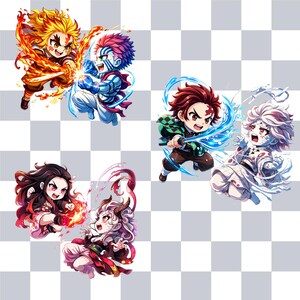 May include: Four chibi-style anime characters are depicted in a dynamic composition. Two figures are engulfed in flames, while the other two are surrounded by water. The characters are set against a checkered background.