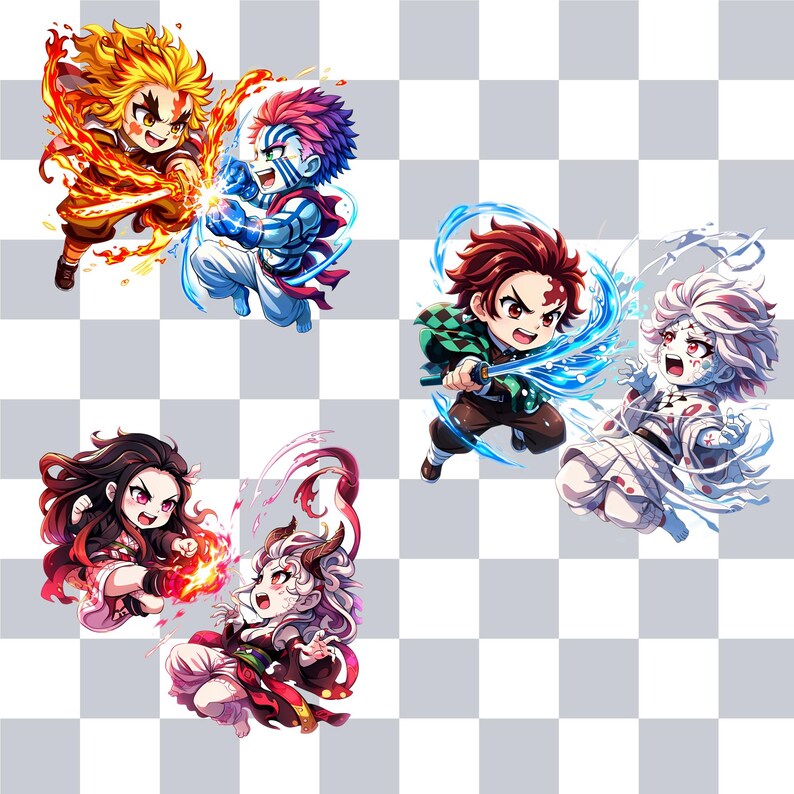 May include: Four chibi-style anime characters are depicted in a dynamic composition. Two figures are engulfed in flames, while the other two are surrounded by water. The characters are set against a checkered background.