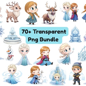 Puede incluir: Una colección de ilustraciones de dibujos animados con personajes de una popular película de animación. Las imágenes incluyen personajes en varias poses, un reno, un muñeco de nieve, una fuente y un castillo. El texto "70+ Transparent Png Bundle" se muestra en un cuadro azul.