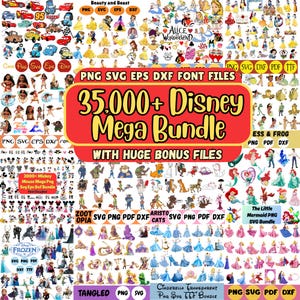 Paquete especial Disney Mega SVG PNG / Princesas, Mickey Mouse, imágenes prediseñadas de Pixar / Archivos de sublimación para descarga digital / Paquete de dibujos animados para camisetas SVG