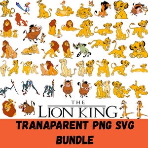 May include: A collection of cartoon illustrations featuring characters from "The Lion King." The images include lions, cubs, Timon, Pumbaa, and other characters. The text "THE LION KING TRANSPARENT PNG SVG BUNDLE" is displayed at the bottom.
