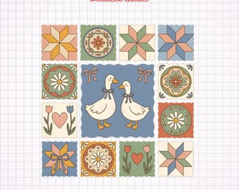 Silly Goose Png, Retro Goose Png, Vintage Goose PNG, Tile Pattern Goose Clipart, Floral Cottagecore Design, Cute Goose Png