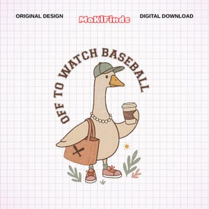 Baseballgås PNG, rolig baseballmammagås PNG, retrogås PNG, retro baseballmammapresent PNG, söt gås med kaffe PNG