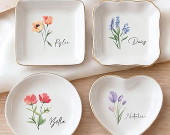 Bandeja personalizada para anillos de dama de honor, bandeja para joyas con forma de flor de nacimiento, bandeja personalizada para baratijas de dama de honor, regalo para propuesta de dama de honor