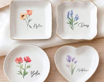 Personalized Birth Flower Trinket Dish, Custom Watercolor Flower Ring Dish, Wedding Bridesmaid Gift, Birthday Jewelry Dish,Mothers Day Gifts