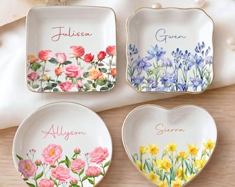 Prato para joias personalizado com flor de nascimento, prato para anéis com nome personalizado, bandeja de cerâmica para bijuterias, presente para madrinha, presente de aniversário para ela, prato em formato de flor