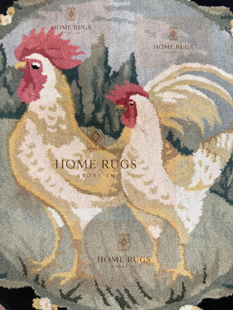 Blue Chicken Rug Vintage Rooster Round Rug – Farmhouse Chicken Accent Rug – Country ...