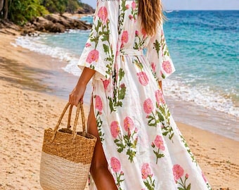Kimono in cotone rosa con stampa floreale a blocchi, copricostume leggero fatto a mano.
