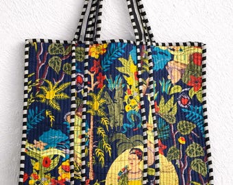 Bolso tote acolchado Frida Kahlo, bolso de hombro de algodón hecho a mano, bolso grande estampado floral, bolso tote bohemio para el día a día, regalo para mujer.
