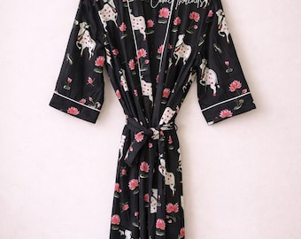 Black Cotton Kimono Robe, Cow Lotus Print, Handmade Indian Loungewear, Boho Summer Robe