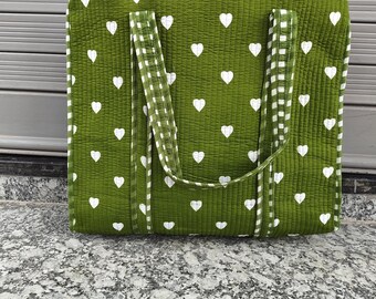 Handmade Quilted Cotton Tote Bag, Green Heart Print, Large Shopping Bag