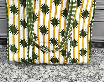 Handmade Quilted Cotton Tote Bag, Green Sun Print, 18x18 Inch Shopping Bag