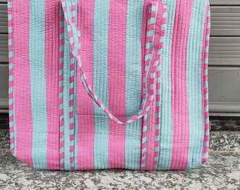 Pink Aqua Striped Quilted Cotton Tote Bag, Handmade Shopping Beach Bag (18x18 Inch)