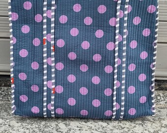 Handmade Quilted Cotton Tote Bag, Blue Pink Polka Dot, Large Shopping Bag