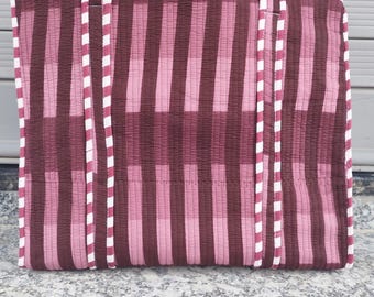 Handmade Pink Burgundy Striped Quilted Cotton Tote Bag, 18x18 Inch Shopping Bag