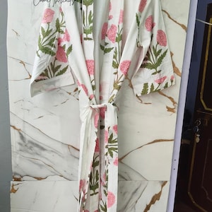 White Floral Cotton Kimono Robe, Hand Block Print Loungewear, Lightweight Summer Bathrobe image 3