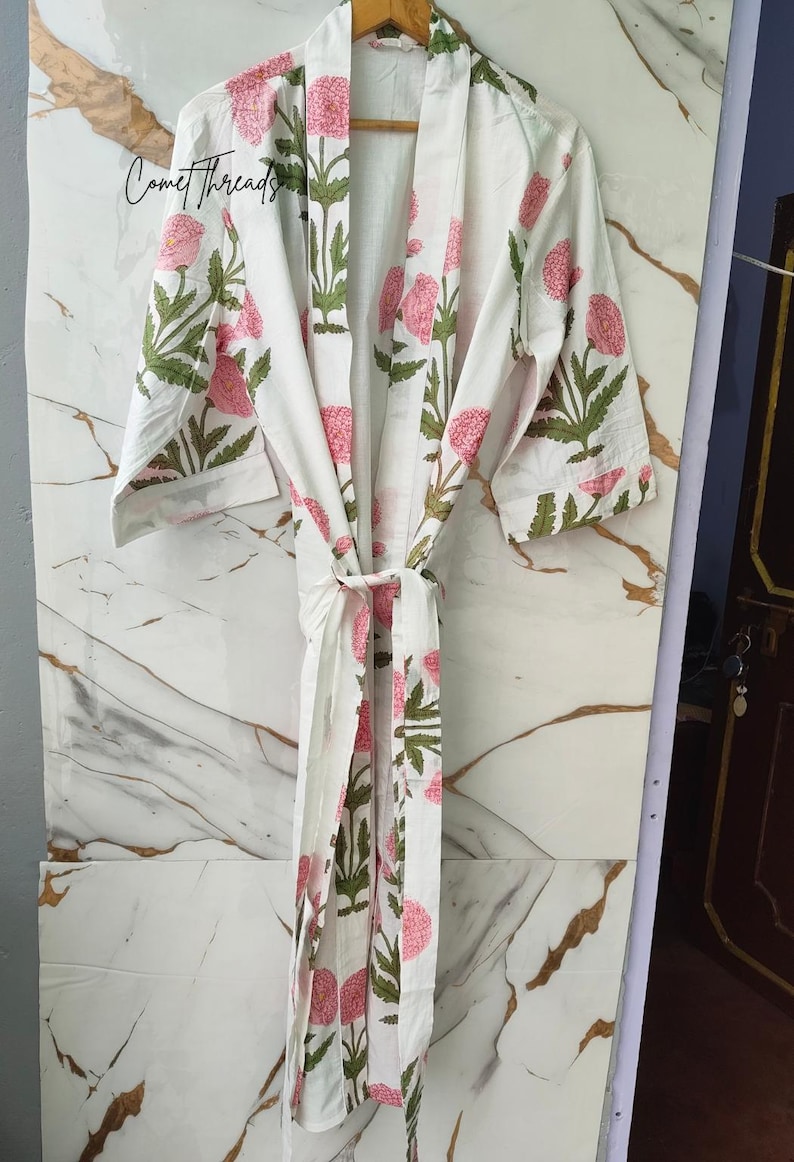 White Floral Cotton Kimono Robe, Hand Block Print Loungewear, Lightweight Summer Bathrobe image 3