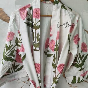 White Floral Cotton Kimono Robe, Hand Block Print Loungewear, Lightweight Summer Bathrobe image 2