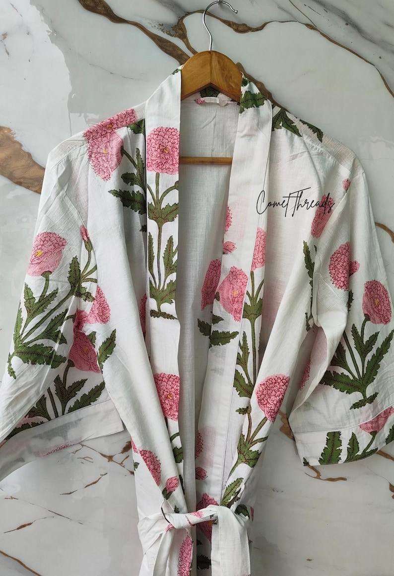 White Floral Cotton Kimono Robe, Hand Block Print Loungewear, Lightweight Summer Bathrobe image 2