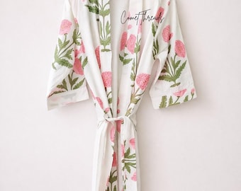 White Floral Cotton Kimono Robe, Hand Block Print Loungewear, Lightweight Summer Bathrobe