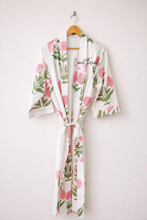 White Floral Cotton Kimono Robe, Hand Block Print Loungewear, Lightweight Summer Bathrobe