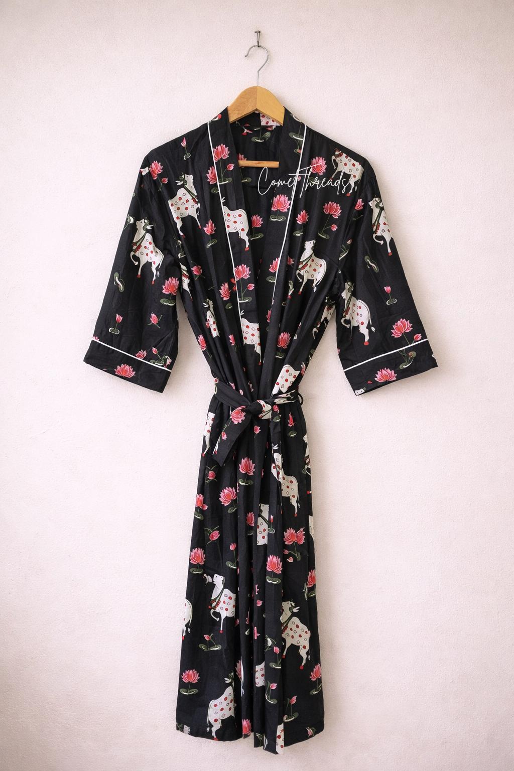 Black Cotton Kimono Robe, Cow Lotus Print, Handmade Indian Loungewear ...