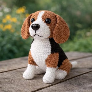 May include: A crocheted beagle dog with brown, white, and black details. The dog has large, floppy ears, a white stripe down its face, and a black nose. It is sitting on a wooden surface.