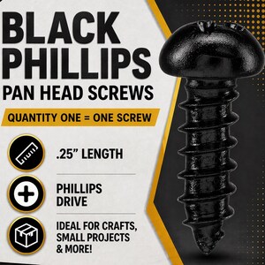 May include: Black Phillips pan head screw with a 0.64 cm length. The screw has a Phillips drive and a black finish. The image also includes the text "Bulk Discounts Welcome!"