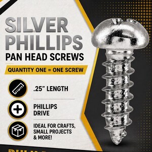 May include: A close-up of a silver Phillips pan head screw. The text on the image reads "Silver Phillips Pan Head Screws" and "Quantity One = One Screw". The screw is 0.64 cm in length and has a Phillips drive. The image also says "Bulk Discounts Welcome!"