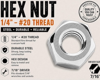 Steel Hex Nut 1/4 - 20, Silver Colored Nut, Bulk Trophy Nuts, Steel Quarter Inch Nut, Stainless Steel Nut Hardware, Corrosion Resistant Nut