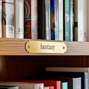 Brass Wood Shelf Label with Screws, Solid Brass Library Plaque, Engraved Bookshelf Label, Reader Gift, Shelf Plaque, Locker Label