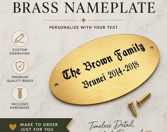 Custom Engraved. Brass Oval Sign, Small Oval Room Label with Screws to Mount, Custom Brass Engraved Plaque, Solid Brass High Quality Plaque