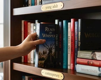 Wood Book Shelf Label, Solid Brass Library Plaque with Hardware, Engraved Bookshelf Label Reader Gift, Shelf & Locker Plaque Book Room Decor