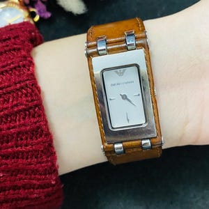 Vintage Emporio Armani AR5499 Cuff Watch, Brown Leather Band Rectangular Dress Watch, Y2K Retro Chic Quartz Watch, Gift for Her