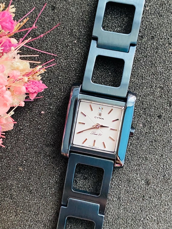 Vintage Cyma Louis XV Swiss Made Watch, Rare Gunmetal Blue Gray Open Link Bracelet, Minimalist Square White Dial Luxury Ladies Wristwatch
