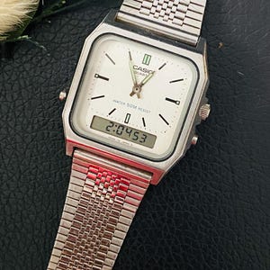Vintage Casio AQ-350W Ana-Digi Watch, Rare Japan Made 305 Module Square Dual Time, Classic Silver Dial Retro Stainless Steel Mesh Bracelet