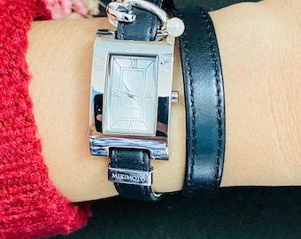Reloj Mikimoto Pearl Edición Limitada Vintage para Mujer Plateado Rectangular Cuero Negro Elegante