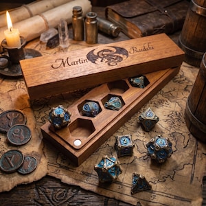 Solid Metal DND Dice Set with Personalized Wood Case, Heavy Polyhedral D&D Dice Full Set, Druid Blue Spatter RPG Gift for Him
