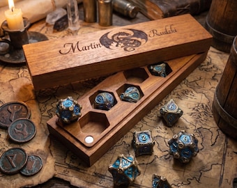 Solid Metal DND Dice Set with Personalized Wood Case, Heavy Polyhedral D&D Dice Full Set, Druid Blue Spatter RPG Gift for Him