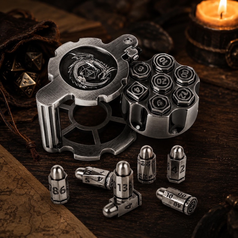 Revolver Metal Dice Set Solid Bullet DND Dice Spinning Cylinder RPG Polyhedral Dice Set Pathfinder Roleplaying Game Gift for Gamer Gift Silver