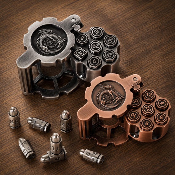 Revolver Metal Dice Set Solid Bullet DND Dice Spinning Cylinder RPG Polyhedral Dice Set Pathfinder Roleplaying Game Gift for Gamer Gift