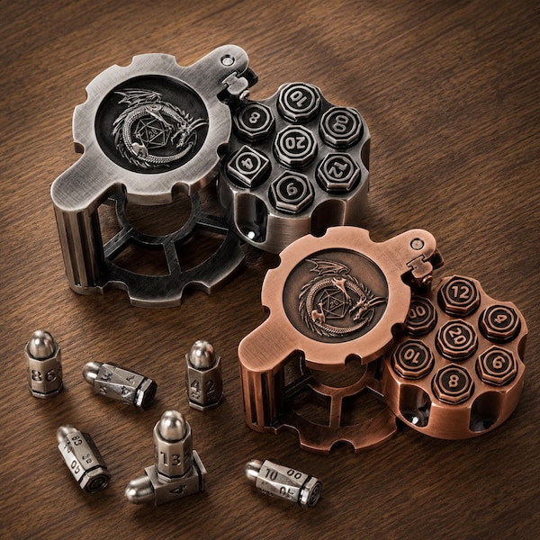 Revolver Metal Dice Set Solid Bullet DND Dice Spinning Cylinder RPG Polyhedral Dice Set Pathfinder Roleplaying Game Gift for Gamer Gift