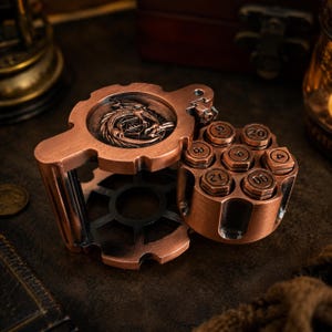 May include: A copper-coloured metal dice holder shaped like a revolver cylinder with a hinged lid. The lid features an embossed dragon design surrounding a twenty-sided die. The cylinder contains seven individual slots for dice, each marked with numbers.
