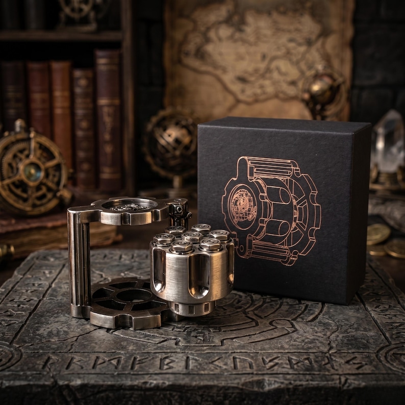 May include: A metallic revolver cylinder fidget toy with a brushed finish, featuring a circular gear-shaped base and a matching black box with a copper-coloured line art illustration of the device printed on the front surface.