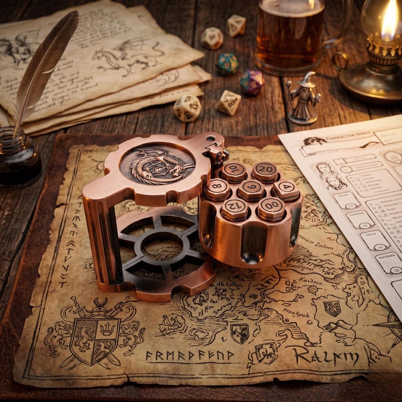 Revolver Metal Dice Set Solid Bullet DND Dice Spinning Cylinder RPG Polyhedral Dice Set Pathfinder Roleplaying Game Gift for Gamer Gift image 7
