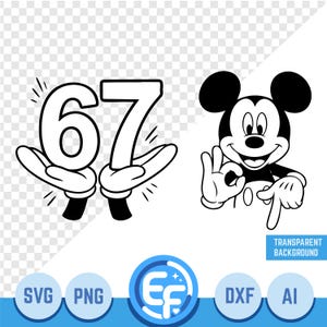 Könnte beinhalten: Eine schwarz-weiße digitale Grafik mit der Zahl 67, die von zwei gezeichneten behandschuhten Händen gehalten wird, neben einer gezeichneten Mausfigur, die ein OK-Handzeichen macht und nach unten zeigt, mit Text für transparenten Hintergrund.