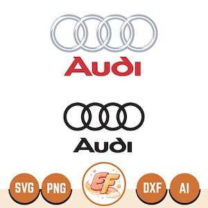 May include: The image features two versions of the Audi logo. The top logo is silver rings with red "Audi" text. The bottom logo is black rings with black "Audi" text. Below are SVG, PNG, a logo, DXF, and AI icons.